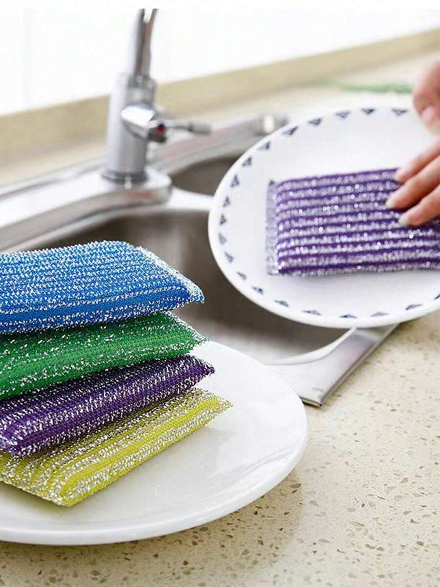 4pcs Stainless Steel Wire Sponge Cleansing Scrubber, Kitchen Cleaning Cloth For Dish, Pot And Bowl - Random - View 1