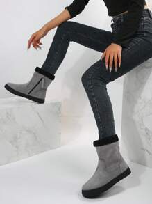 女士舒適保暖側拉鍊便鞋休閒戶外基礎灰色平底腳踝靴 - 灰色 - 查看 6