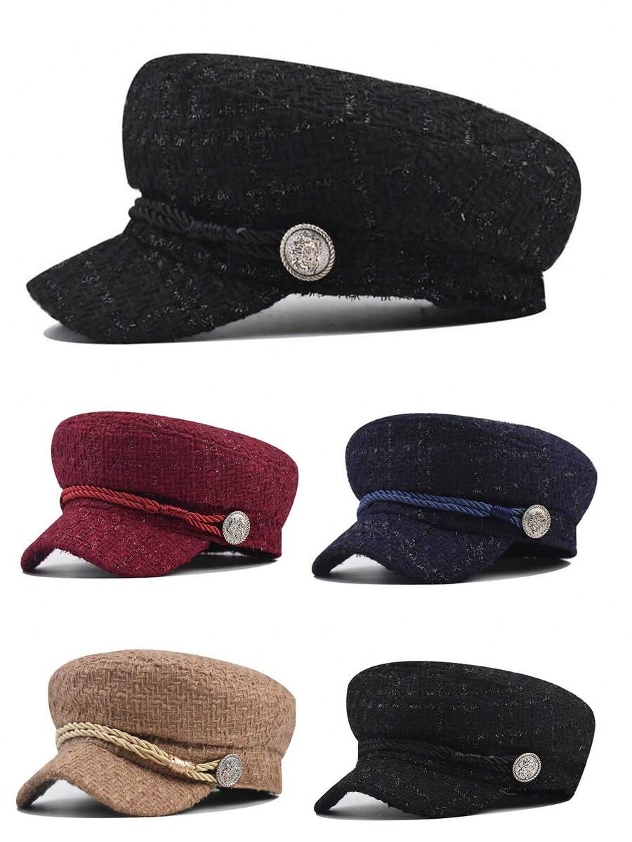 鏈條裝飾格子報童帽,優雅的法式平頂帽、經典、輕盈的貝雷帽適用於女性