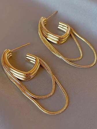 1pair Fashionable Multilayer Circle Chain & Tassel Personality Earrings Suitable For Daily Commute For Women