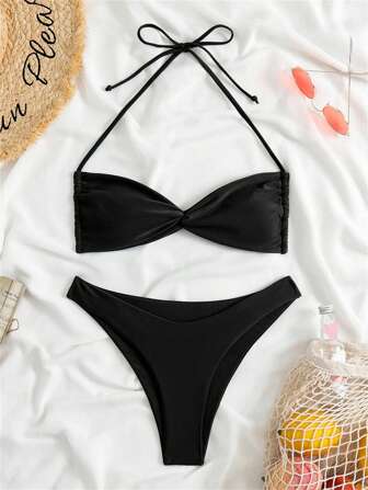 Sexy Solid Color Strapless Bikini Set With Halter Neckline, Adjustable Shoulder Straps, High-Waist Thong Bikini Set Bottom Set For Women Summer Beach