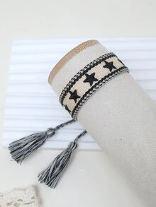 1條刺繡五星時尚手工手鐲 - 黑與白 - 查看 2