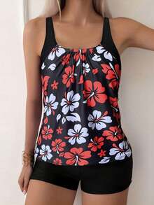 2pcs/Set Floral Print Cami Tankini Top And Boxer Briefs Tankini Sport Set Summer