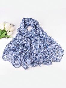 YWQLWJ 1 條時尚甜美風格女式印花雪紡圍巾,花卉設計,輕薄透氣,2023 年秋冬日常穿著,百搭配飾 - 藍色 - 查看 3