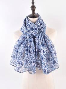 YWQLWJ 1 條時尚甜美風格女式印花雪紡圍巾,花卉設計,輕薄透氣,2023 年秋冬日常穿著,百搭配飾 - 藍色 - 查看 4