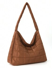 極簡休閒大容量拼布手提袋,平角拼布流浪包,大容量斜挎包,女裝加厚防撞肩背包,適用於“初中高中/高中”秋冬必備,校園必備 - 棕色 - 查看 4