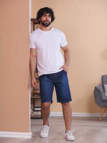 Men Denim Shorts - 深色水洗藍 - 查看 3
