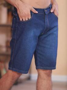 Men Denim Shorts - 深色水洗藍 - 查看 5