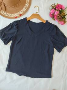 女士短袖蕾絲襯衫新款 - 黑色 - 查看 3