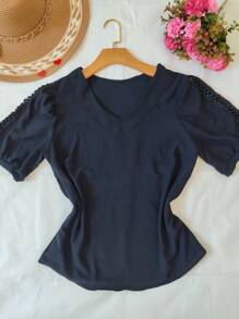 女士短袖蕾絲襯衫新款 - 黑色 - 查看 2