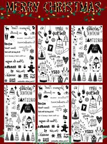 6入組膠面黑色聖誕氣氛圖案暫時性刺青貼紙,包括聖誕帽、雪人、聖誕樹、雪花。祝您聖誕快樂! - 黑色 - 查看 1