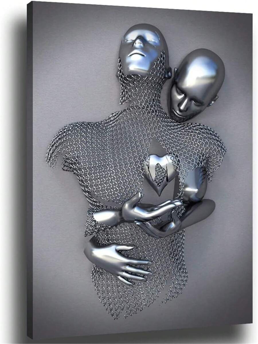 Decorazione Da Parete Per Camera Da Letto, Coppia Romantica Soggiorno Quadro Su Tela, Effetto Scultura In Metallo 3d Con Cuore D'amore, Astratta Moderna In Bianco E Nero Abbraccio Amanti Pittura Immagine Poster Stampe Per Bagno Hotel