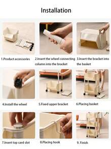 1pc Rolling Storage Cart 2-Tier Storage Rack Trolley Utility Cart Lockable Wheels Storage Trolley Organizer for Living Room Kitchen Office Bathroom - White - View 6