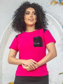 BLUSA TSHIRT BABY LOOK BOLSO PAETÊ - Pink - Visão 1