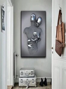 Decorazione Da Parete Per Camera Da Letto, Coppia Romantica Soggiorno Quadro Su Tela, Effetto Scultura In Metallo 3d Con Cuore D'amore, Astratta Moderna In Bianco E Nero Abbraccio Amanti Pittura Immagine Poster Stampe Per Bagno Hotel