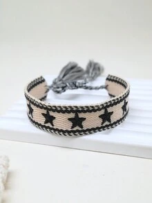 1條刺繡五星時尚手工手鐲 - 黑與白 - 查看 3