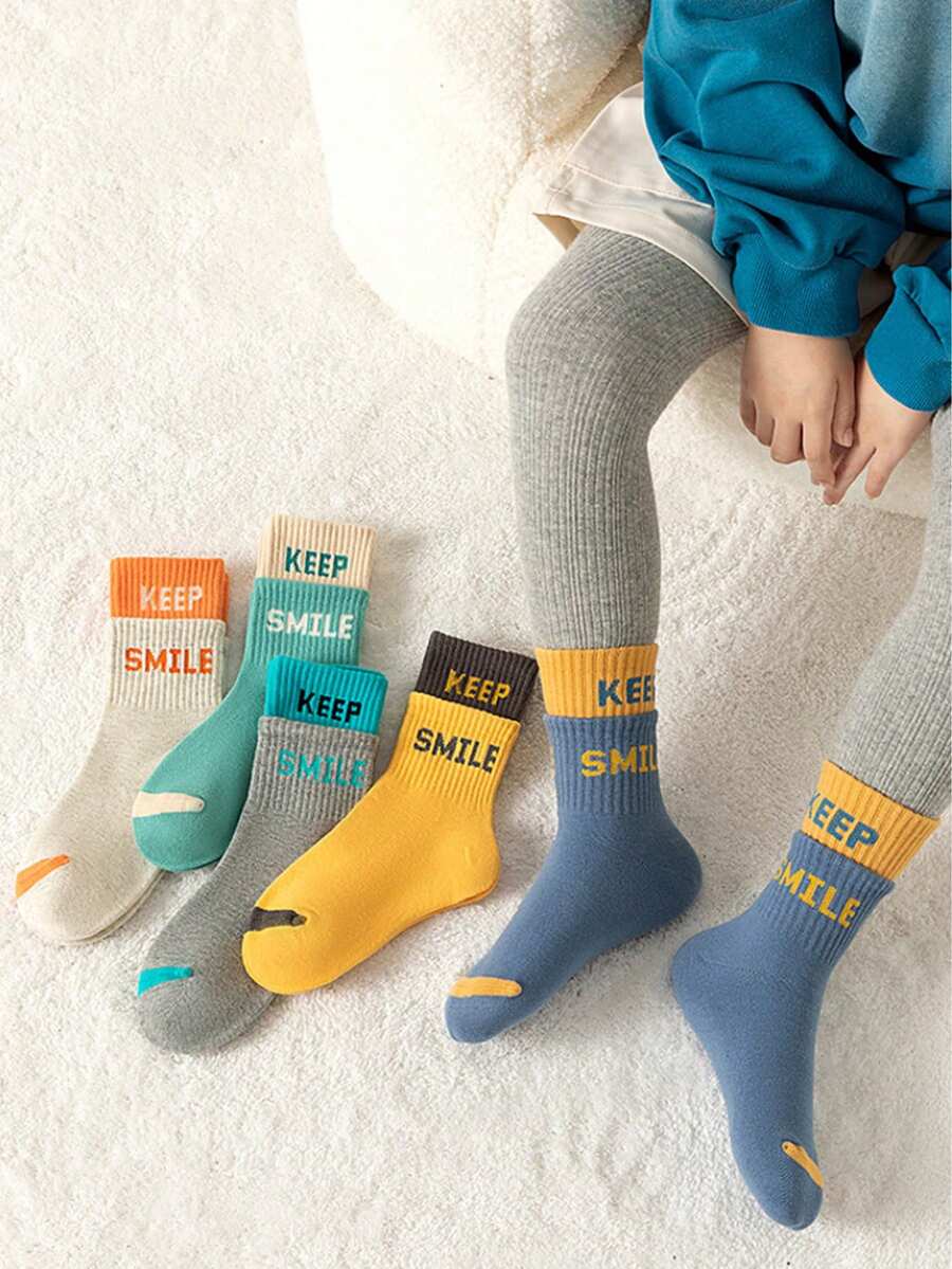 5對兒童襪子秋冬中筒襪適用於男孩女孩學生兒童春秋季節,青少年運動雙口袋襪子