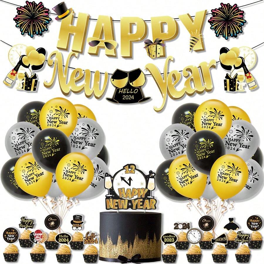 2024年新年快樂拉旗橫幅,跨年派對裝飾,拉花裝飾掛飾橫幅 - 金色 - 查看 1