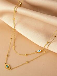 1 peça Colar de Corrente de Clavícula de Pingente de Olho Turquesa Dupla Camada Único e Olho Oco Azul Fashion, Colar de Aço Inoxidável para Mulheres