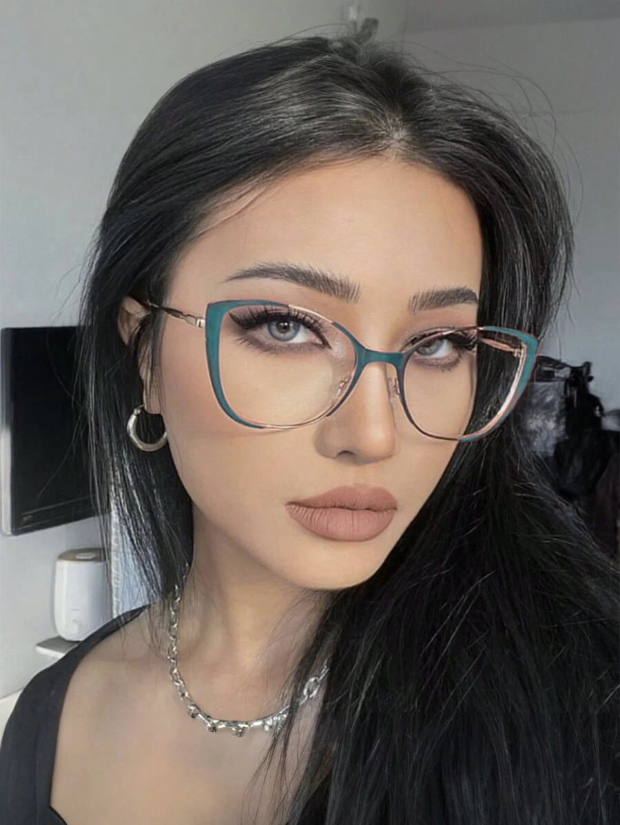 1 Pair Cat Eye Enamel Two-Tone Everyday Glasses For Women - Green - View 1