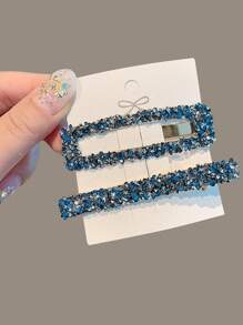 2pcs Women's Simple & Cute Crystal Hair Clips, Suitable For Daily Wear & Hairstyling, Blue Color - Blue - View 1