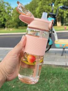 Outdoor Plastic Water Bottle Anti-scald Transparent Cup With Handle And Straw, Convenient For Work And Play - Pink - View 3