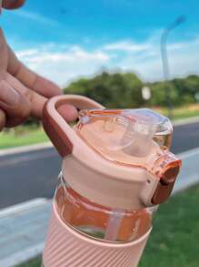 Outdoor Plastic Water Bottle Anti-scald Transparent Cup With Handle And Straw, Convenient For Work And Play - Pink - View 5