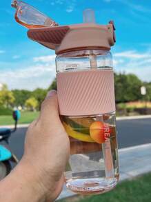 Outdoor Plastic Water Bottle Anti-scald Transparent Cup With Handle And Straw, Convenient For Work And Play - Pink - View 4