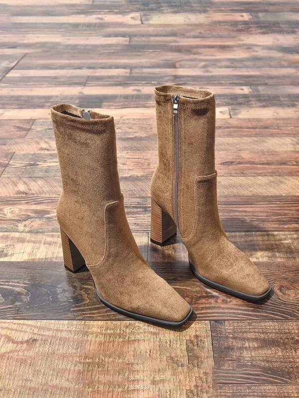 Women's Spring-Autumn European-American Square Toe Chunky Heel Zipper Short Boots, Retro Fashionable French Style High Heel Shoes