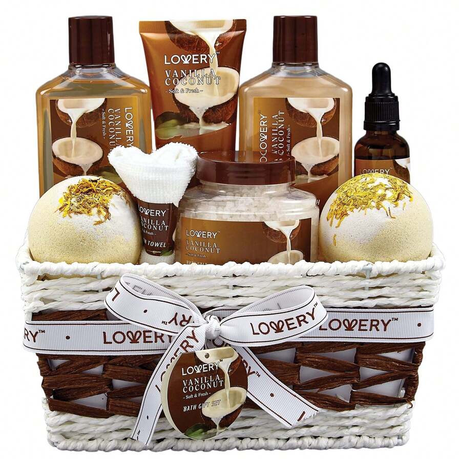 Lovery Bath And Body Gift Basket -Vanilla Coconut Home Spa - 9pc Set - Brown - View 1