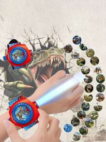 Reloj digital electrónico con proyección de 24 patrones de dibujos animados en 3D de dinosaurio - Rojo - Ver 2