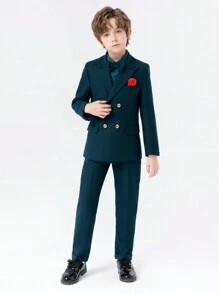4 件/套 男孩西裝套裝,含外套、馬甲、褲子和領結紳士套裝,適合聖誕節和秋季 - 墨綠色 - 查看 1