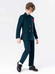 4 件/套 男孩西裝套裝,含外套、馬甲、褲子和領結紳士套裝,適合聖誕節和秋季 - 墨綠色 - 查看 3