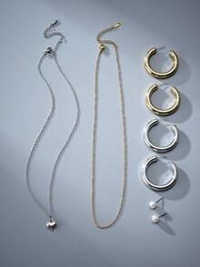 8入組彩色流行的心形和星形金屬,不銹鋼鍊項鍊,c型淡水珍珠耳環,是情人節禮物和女性日常穿著的理想選擇