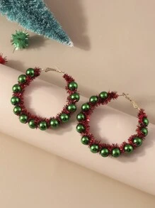1pair Christmas Flower & Bead Earrings - Green - View 1