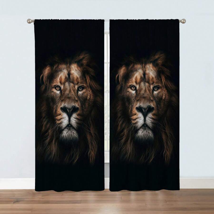 2pcs Lion Print Curtain - Multicolor - View 1