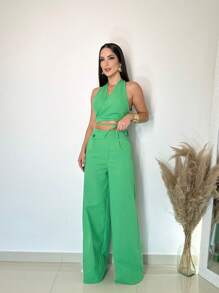 Conjunto Elegante Con Top Corto Y Pantalón Palazzo De Lino - Verde - Ver 2