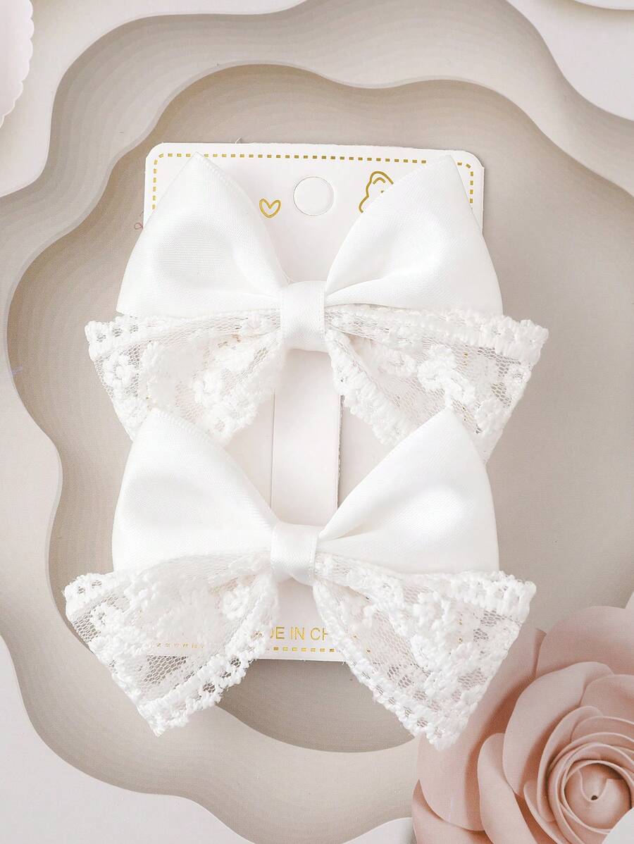 2-Piece French Double-Layer Lace Bow Hair Clips (14+ Student Side Clips) - Aesthetic Hair Accessories - White - View 1