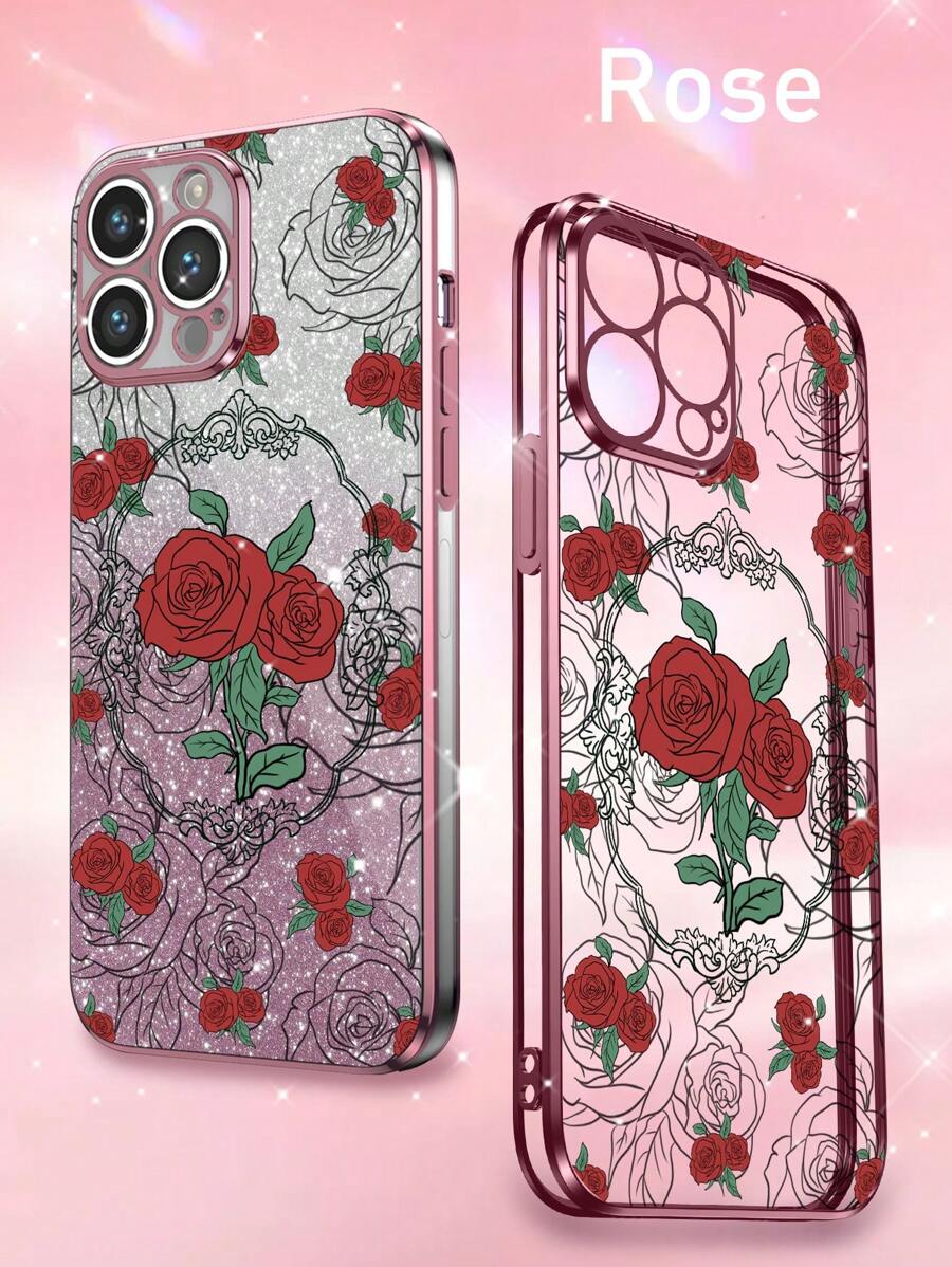 新款电镀工艺防摔手机壳,含闪卡、3D彩绘玫瑰及一套手机壳,兼容/三星/小米/OPPO/vivo,国际版,非国内版 - 粉色 - 查看 1