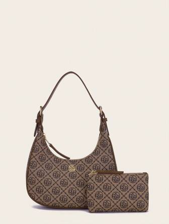 DK DKMG VANESSAMAY&DKMG 2 件丝绸印花字母图案包和钱包肩带套装，可调节，适合日常使用，母女配套女包，最佳母亲节礼物创意，书包套装，便携，经典休闲，商务休闲，适合少女、女大学生、白领、大学，非常适合办公室、小学