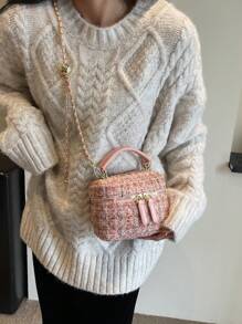迷你絎縫鏈條斜挎包,輕便,便攜休閒,時尚迷你格子圖案花呢水桶包,適合女孩、女士、大學生、菜鳥和白領,秋季、冬季必備,適合工作、辦公室、通勤、學院、秋季和秋季冬天,戶外 - 藕粉色 - 查看 3