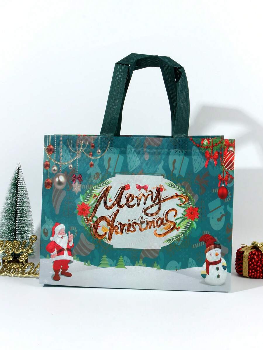 1 件多色防水不織布禮品包裝袋,便攜式可折疊聖誕手提袋,帶燙印圖案 - 彩色 - 查看 1