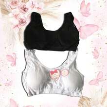 Bustier, Girl's Bra, 2 Piece Set Of Training Bras For Girls, Soft Cotton Sports Bra, Plain With Pads. - White - View 3