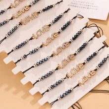 1set Fashionable Minimalist Style Small Rice Bead & Rhinestone Decor Love Detail Adjustable Cuff Bracelet, Suitable As A Gift For Girlfriend - Multicolor - View 4