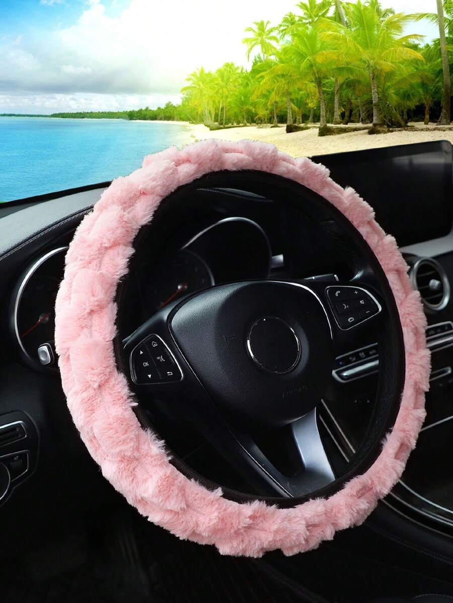 MEIKAXIU 1pc Soft Plush Warm Artificial Rabbit Fur Steering Wheel Cover, Fits For 14.1-15inch Car, Unisex Winter Car Interior Accessories
