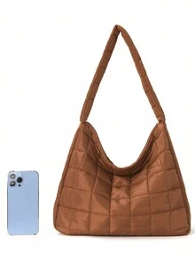 極簡休閒大容量拼布手提袋,平角拼布流浪包,大容量斜挎包,女裝加厚防撞肩背包,適用於“初中高中/高中”秋冬必備,校園必備 - 棕色 - 查看 3