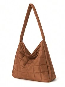 極簡休閒大容量拼布手提袋,平角拼布流浪包,大容量斜挎包,女裝加厚防撞肩背包,適用於“初中高中/高中”秋冬必備,校園必備 - 棕色 - 查看 5