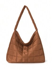 極簡休閒大容量拼布手提袋,平角拼布流浪包,大容量斜挎包,女裝加厚防撞肩背包,適用於“初中高中/高中”秋冬必備,校園必備 - 棕色 - 查看 1