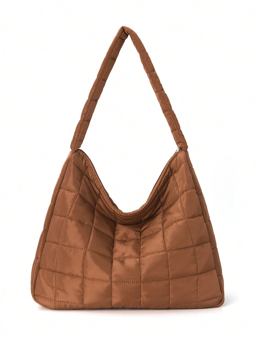 極簡休閒大容量拼布手提袋,平角拼布流浪包,大容量斜挎包,女裝加厚防撞肩背包,適用於“初中高中/高中”秋冬必備,校園必備 - 棕色 - 查看 1