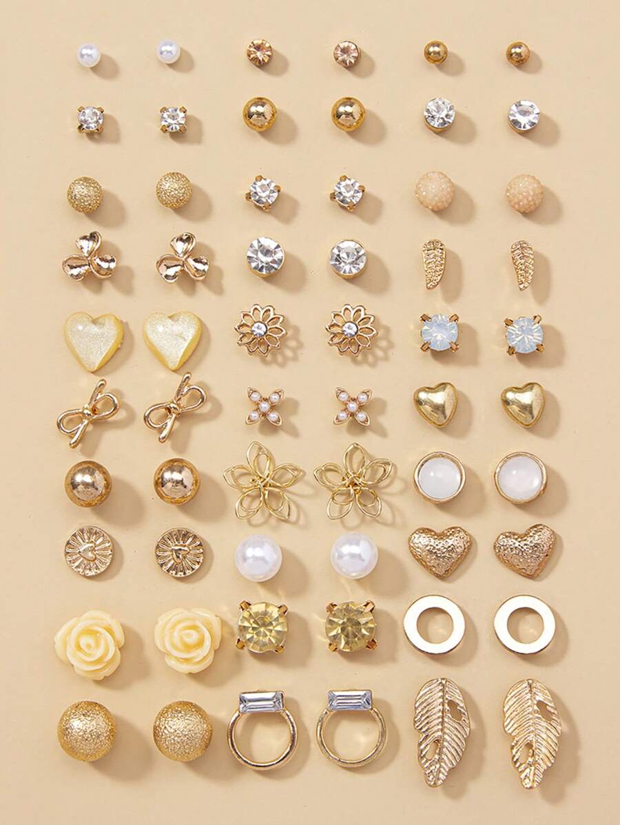 30 对/套精致简洁的金属仿珍珠小花心形蝴蝶结女士约会耳环礼品套装情人节 - 金黃色 - 查看 1